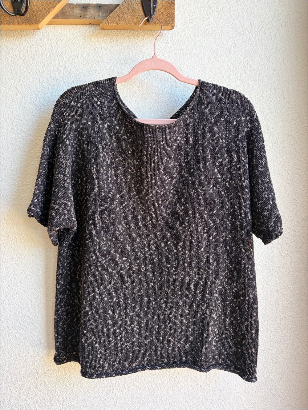 Lafayette 148 Black Marled Linen Cotton Knit Short Sleeve Top Large